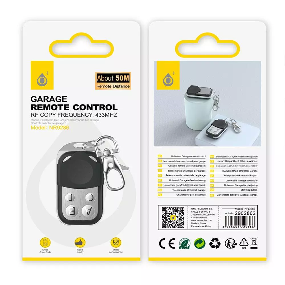 Mando de Garaje Universal NR9286 / 433 MHz / Hasta 100 M / Negro / One+ / 2902862