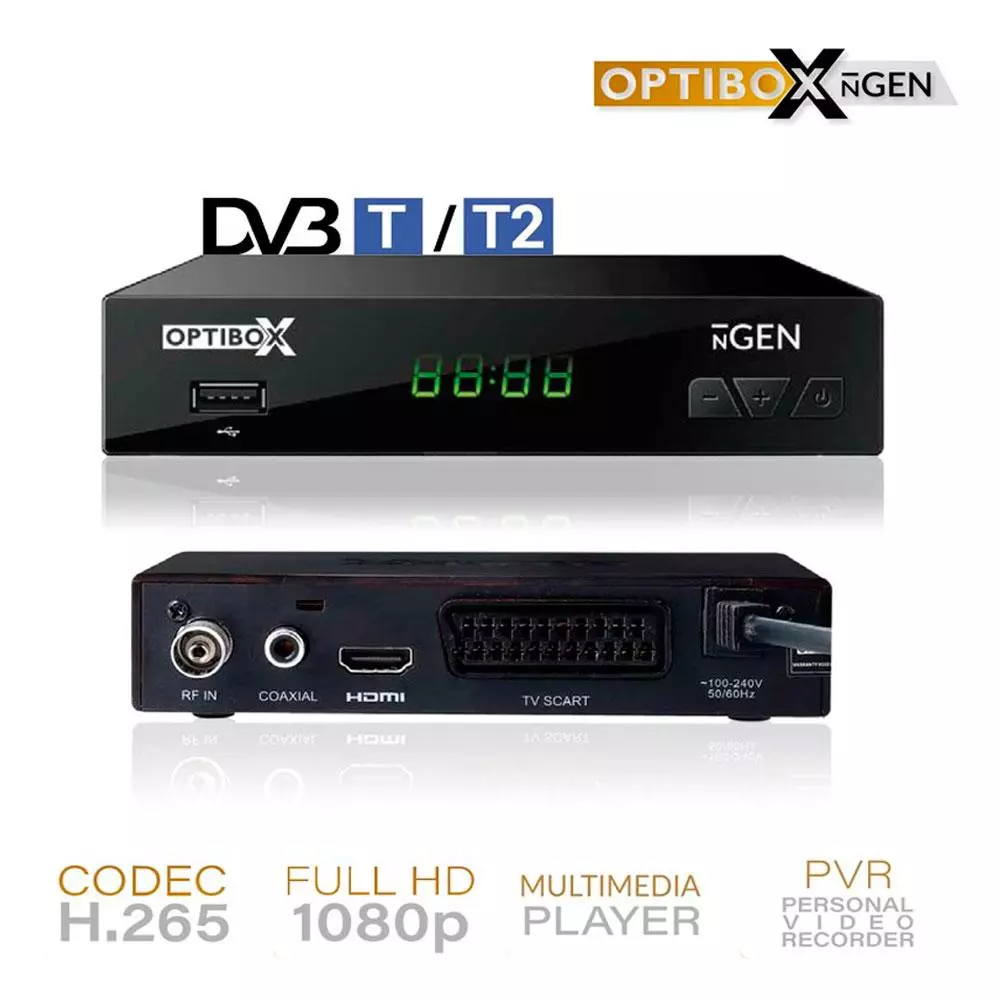 TDT HD Optibox NGEN / FullHD 1080p / DVB-T2 HD / H.265-HEVC / HDMI / SCART / USB Multimedia - Reg. / Caja y articulos desprecintados
