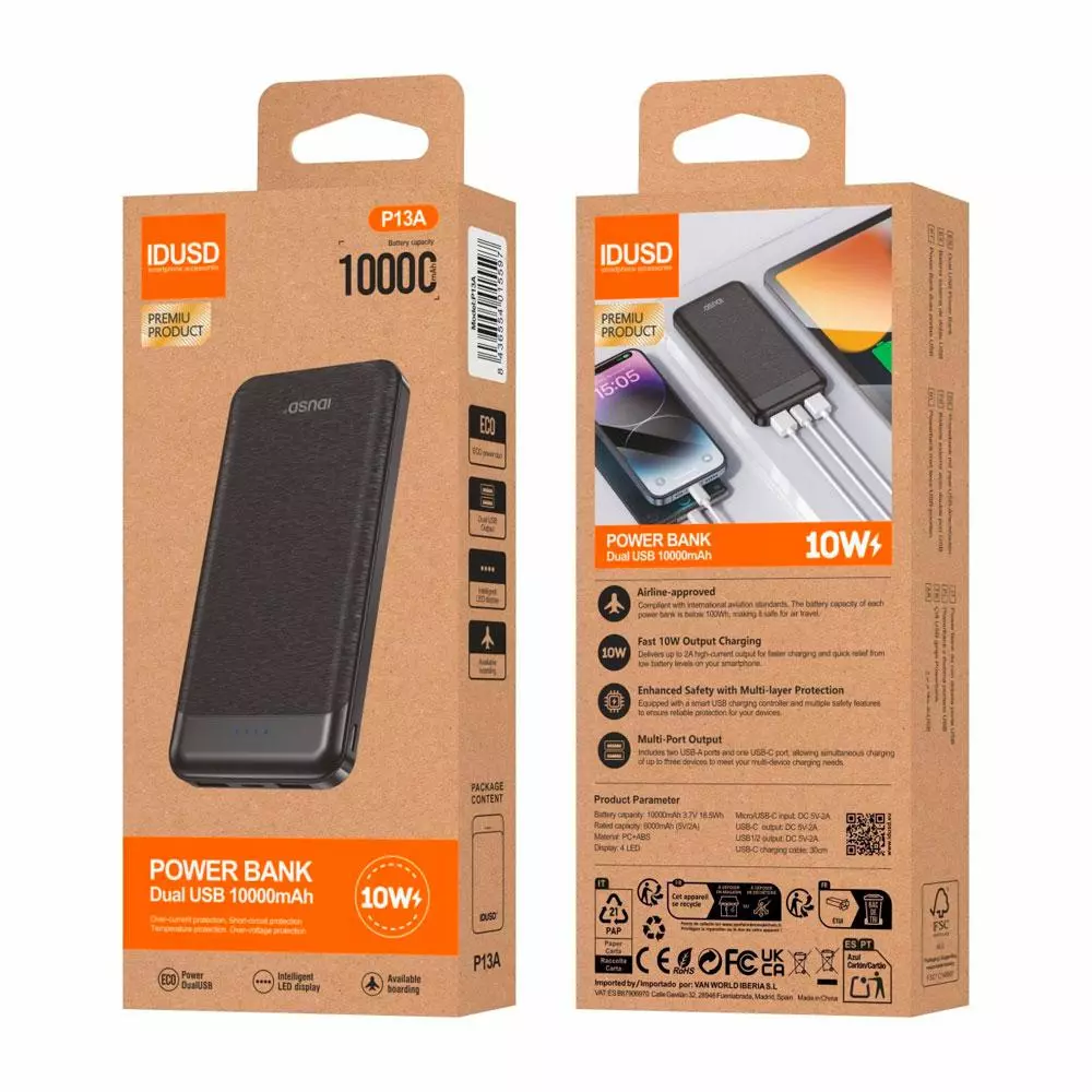 PowerBank IDUSD Eco Power Duo 10.000 mah / 10W / Negro / P13A