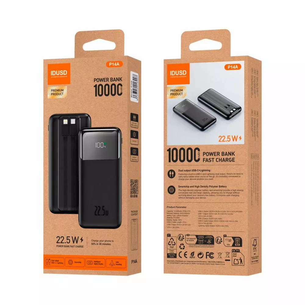 PowerBank IDUSD Eco Power Flow 10.000 mah / 20W PD / 22.5W USB / Negro / P14A