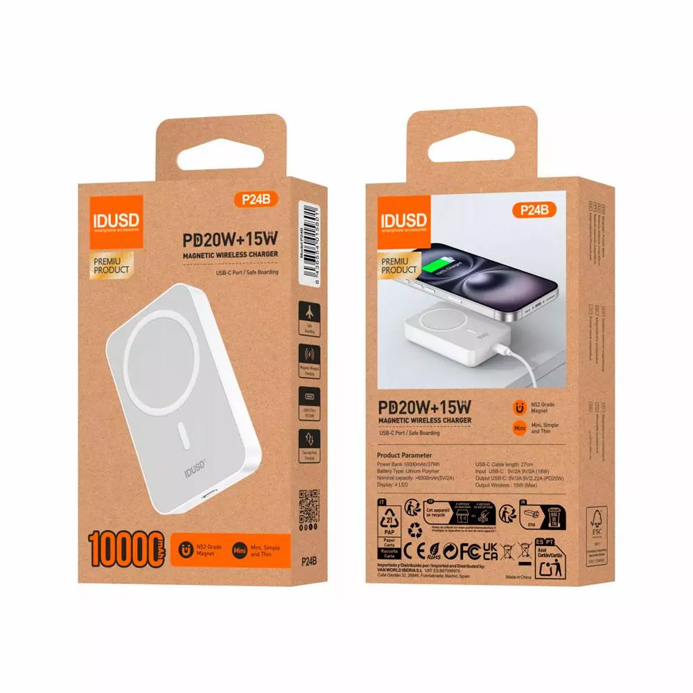 PowerBank IDUSD Eco Power 10.000 mah / Magn&eacute;tico / 15W / Blanco / P24B