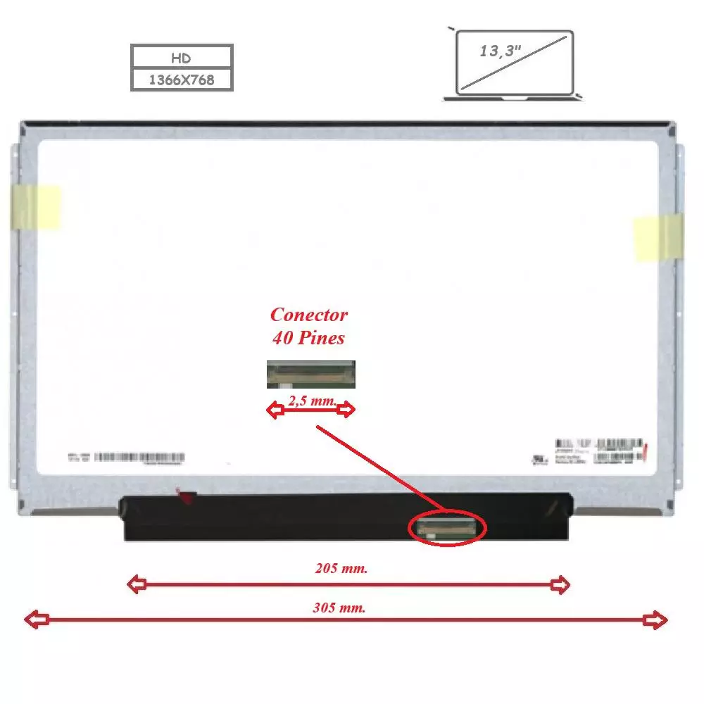 Pantalla para port&aacute;til LED 13.3" Slim 40 Pines Brackets alargados