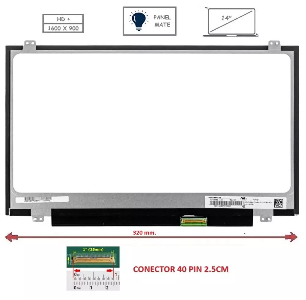 Pantalla compatible para port&aacute;til LED 14" SLIM 40 Pines HD+ Con Brackets Mate