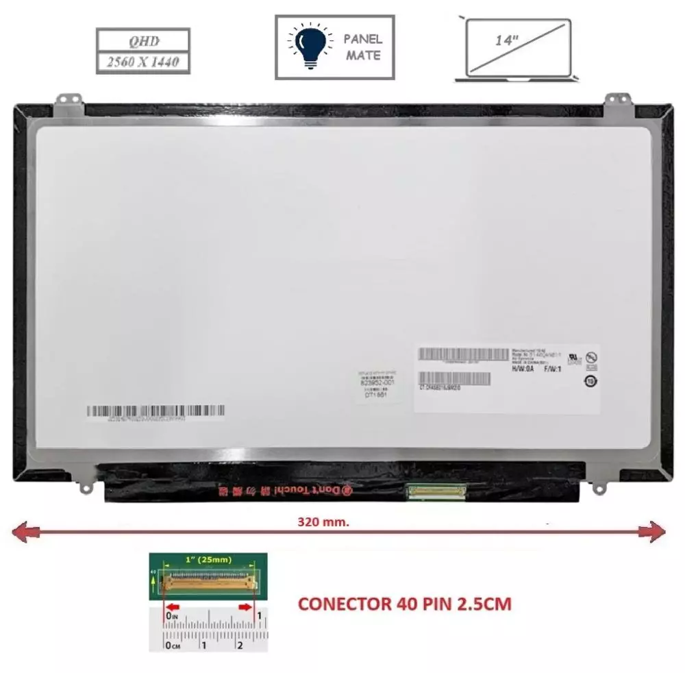 Pantalla compatible para port&aacute;til LED 14" SLIM 40 Pines QHD Con Brackets Mate
