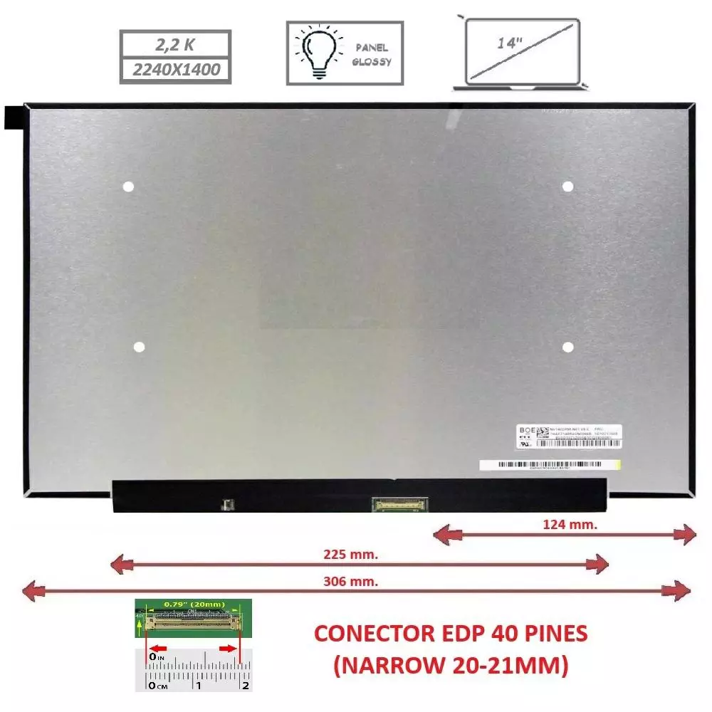 Pantalla compatible para port&aacute;til LED 14" SLIM 40 Pines 2.5K Sin Brackets Conector centro Brillo