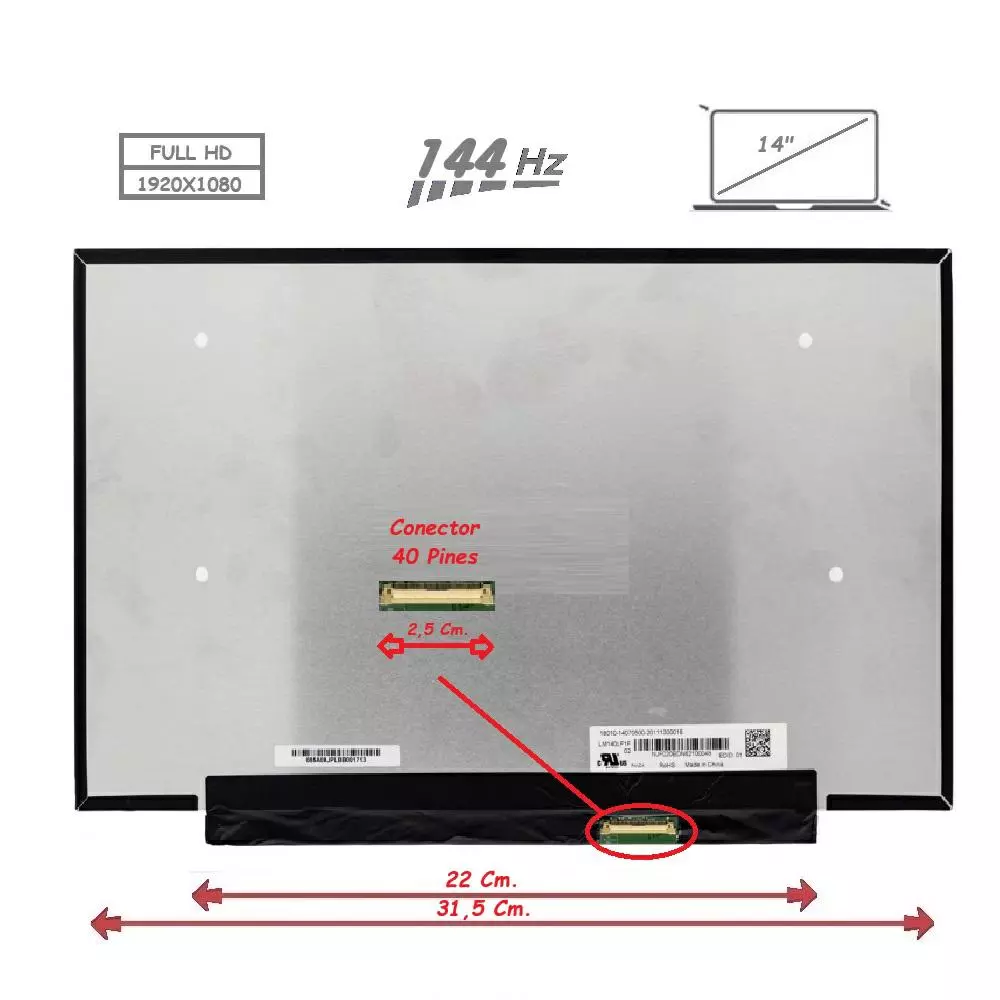 Pantalla para port&aacute;til LED 14" 40 Pines Full HD Sin Brackets 144Hz