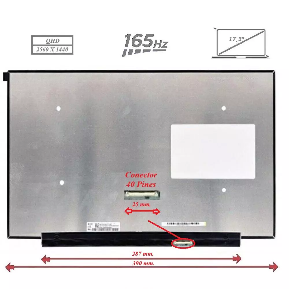 Pantalla para port&aacute;til LED 17.3" Slim 40 Pines QHD (2560x1440) 165 Hz Sin brackets / NE173QHM-NY1