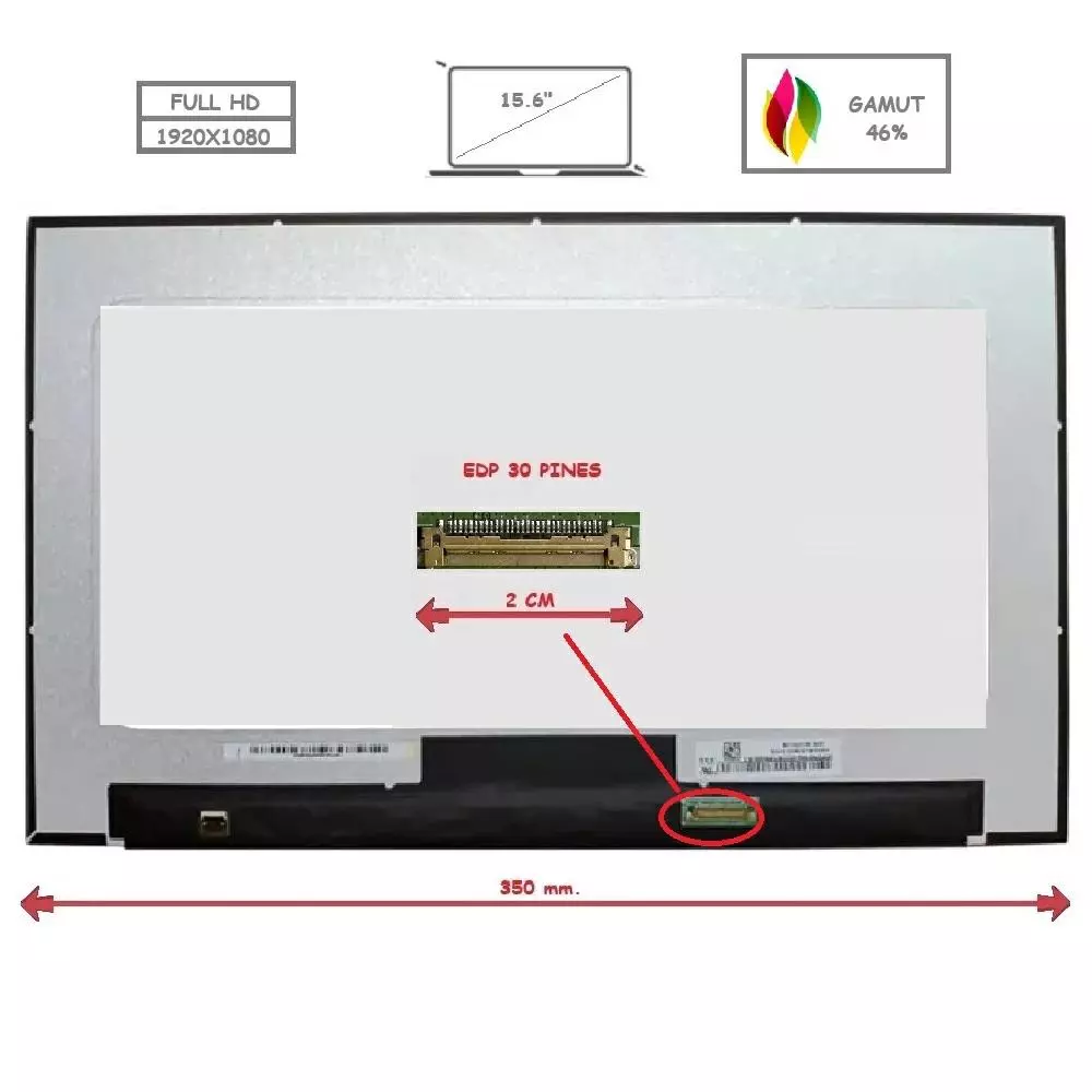 Pantalla para port&aacute;til LED 15.6" Slim 30 Pines Full HD Sin Brackets Gamut 46% / Sin Reborde