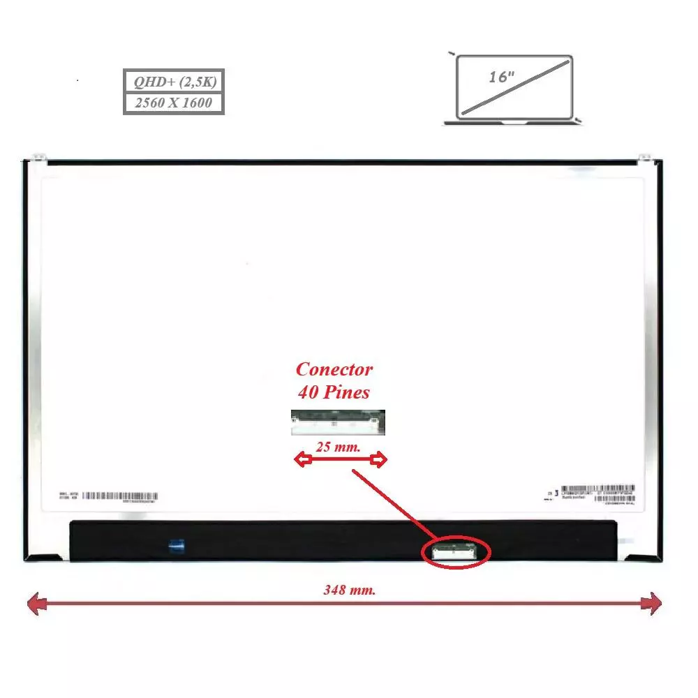 Pantalla para port&aacute;til LED 16" Slim 40 Pines 2K Sin Brackets