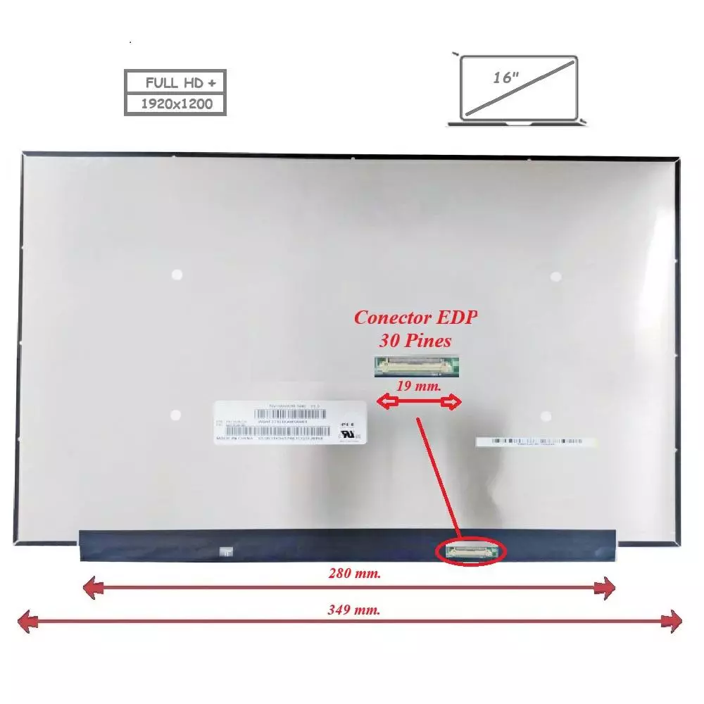 Pantalla para port&aacute;til LED 16" Slim 30 Pines Full HD+ Sin Brackets