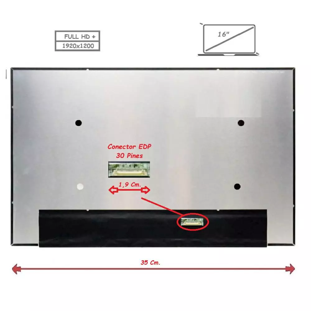 Pantalla para port&aacute;til LED 16" Slim 30 Pines Full HD+ Sin Brackets / Sin reborde