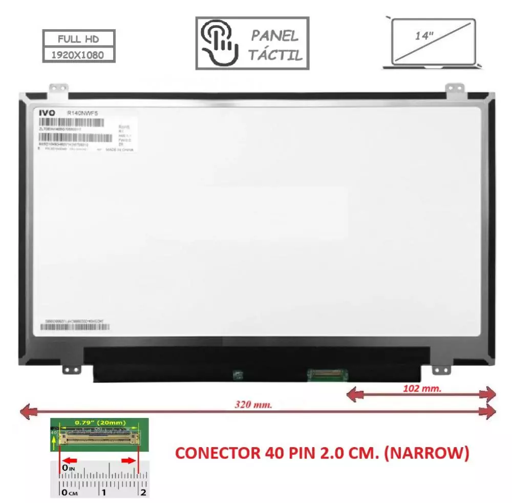 Pantalla compatible para port&aacute;til LED 14" SLIM 40 Pines T&aacute;ctil FULL HD Con Brackets