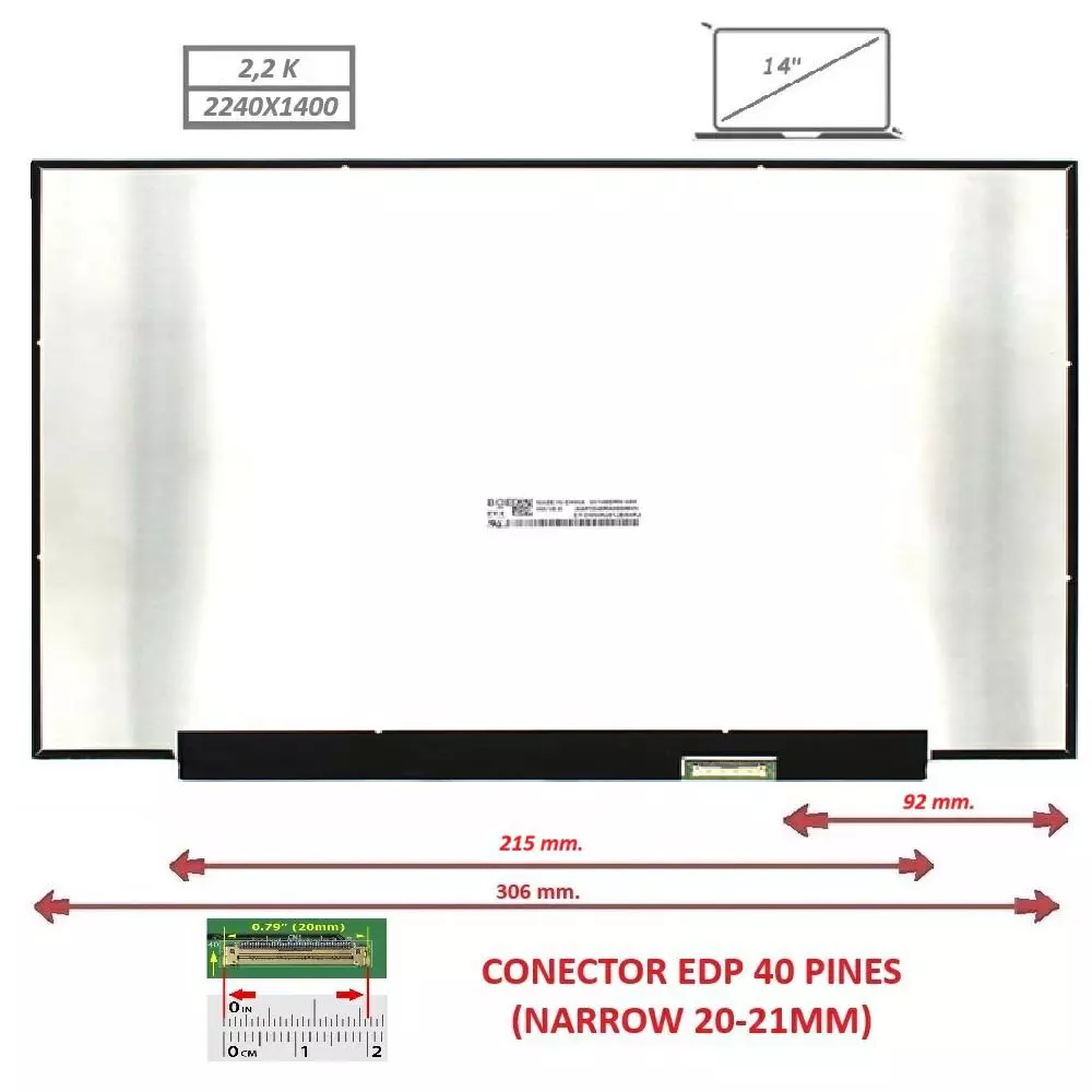 Pantalla compatible para port&aacute;til LED 14" SLIM 40 Pines 2.5K Sin Brackets