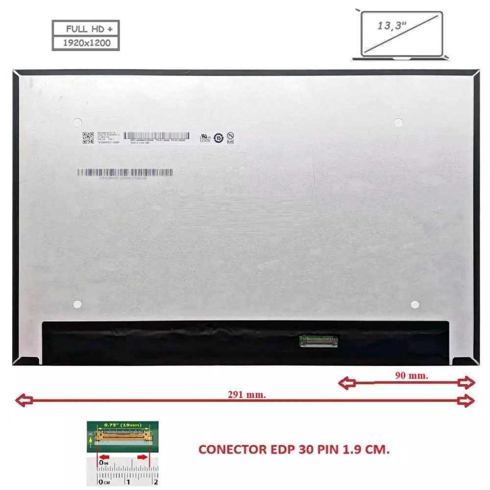Pantalla compatible para port&aacute;til LED 13.3" SLIM 30 Pines FULL HD+ Sin Brackets Sin Reborde