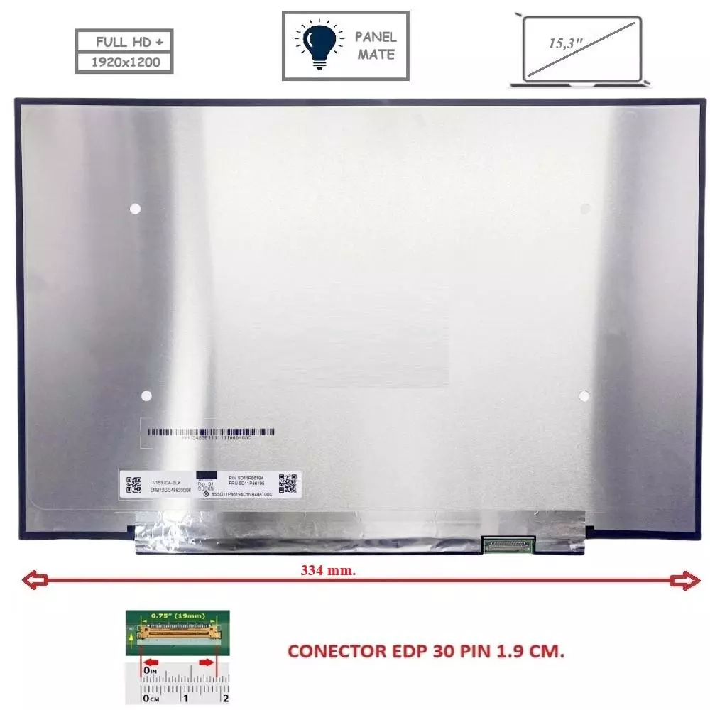 Pantalla compatible para port&aacute;til LED 15.3" SLIM 30 Pines FULL HD+ Sin brackets Mate