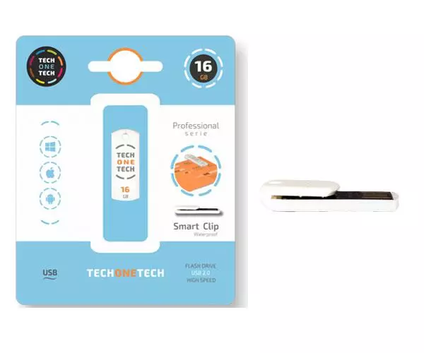 Pendrive Nano Tech One Tech Pro Smart Clip USB 2.0 / 16Gb / Impermeable / Blanco / TEC3004-16
