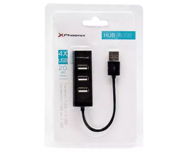 Hub 4 puertos USB 2.0 Phoenix / Dise&ntilde;o compacto / Negro / Ph4usbhub2