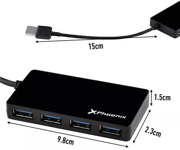 Hub 4 puertos USB 3.0 / 15cm / Phoenix / Negro / PH4USBHUB3