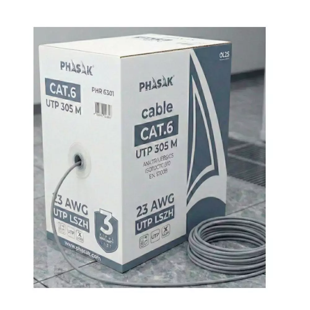 Bobina 305 metros Cat.6 UTP / LSZH Solido / AWG23 / Gris / Phasak PHR 6301