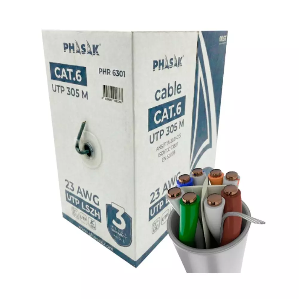 Bobina 305 metros Cat.6 UTP / LSZH Solido / AWG23 / Gris / Phasak PHR 6301
