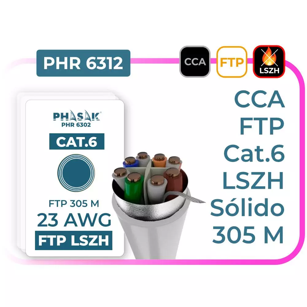 Bobina 305 metros Cat.6 FTP / LSZH Solido / AWG23 / Gris / Phasak PHR 6312