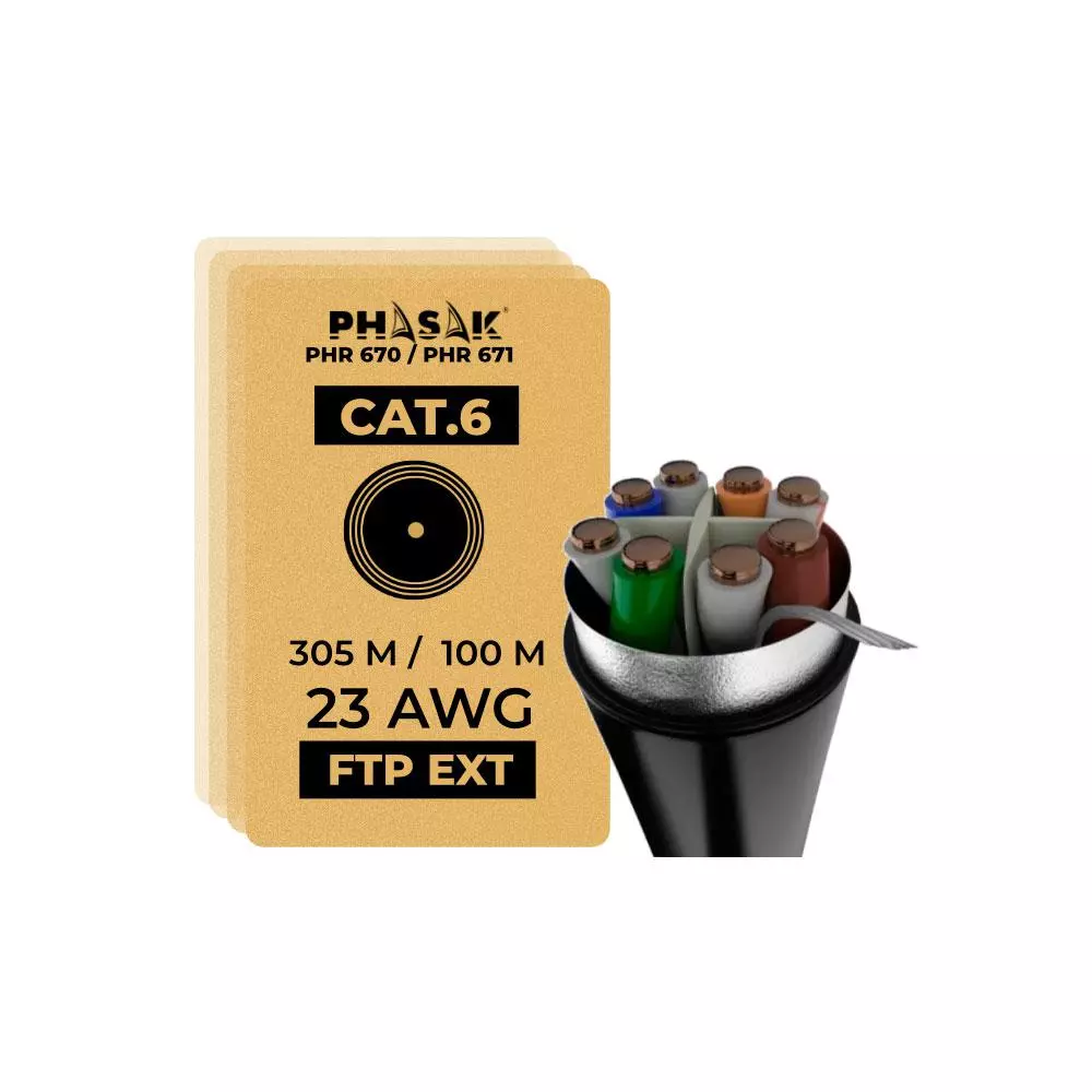 Bobina 305 metros Cat.6 FTP Exterior / Solido / AWG23 / Gris / Phasak PHR 670