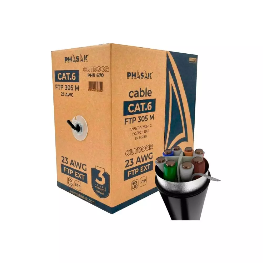 Bobina 305 metros Cat.6 FTP Exterior / Solido / AWG23 / Gris / Phasak PHR 670