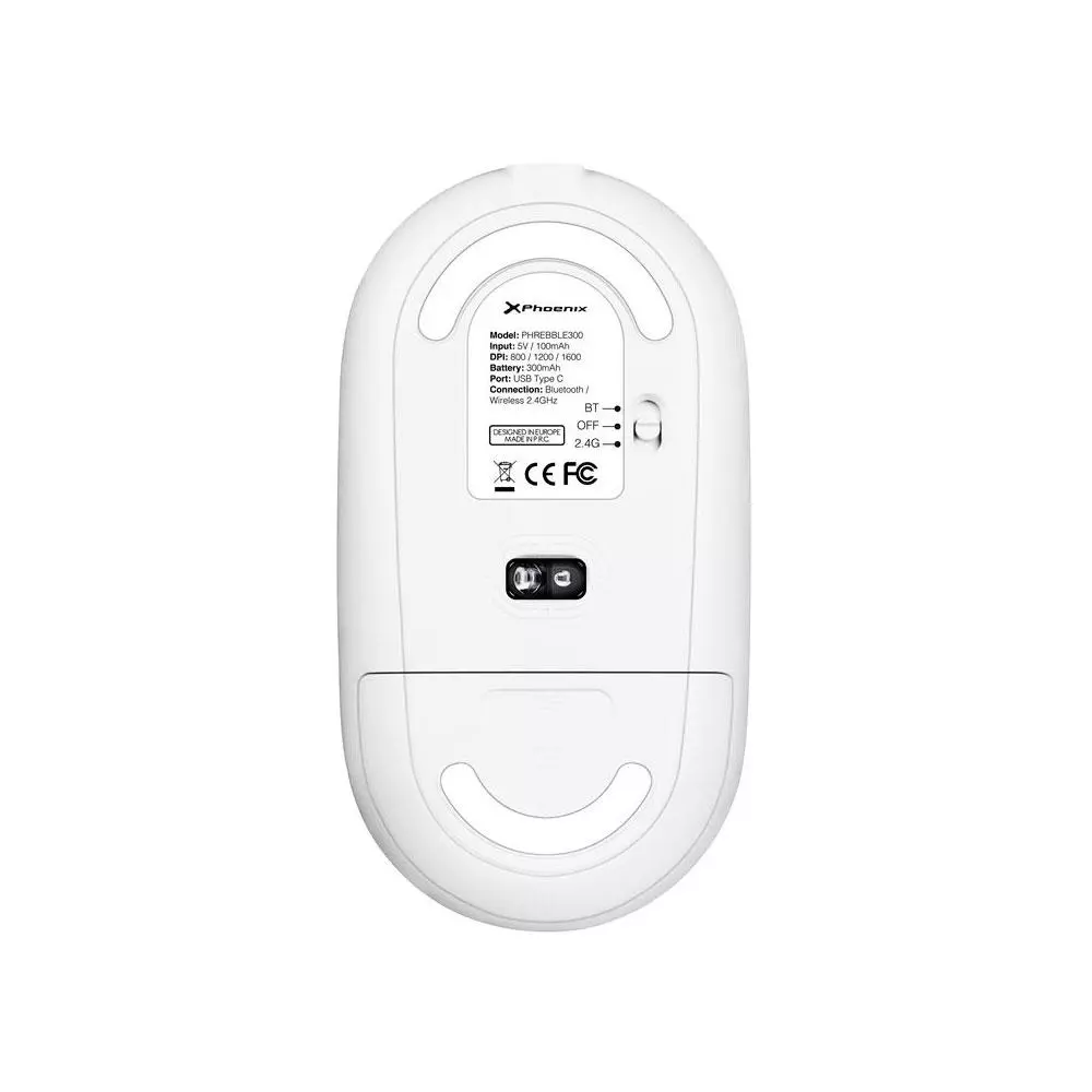 Raton Inalambrico Phoenix Rebble Blanco / Dual BT 5.2 + RF 2.4Ghz / 1.600 Dpi / 5 Botones / Type-C / Bateria recargable / PHREBBLE-W