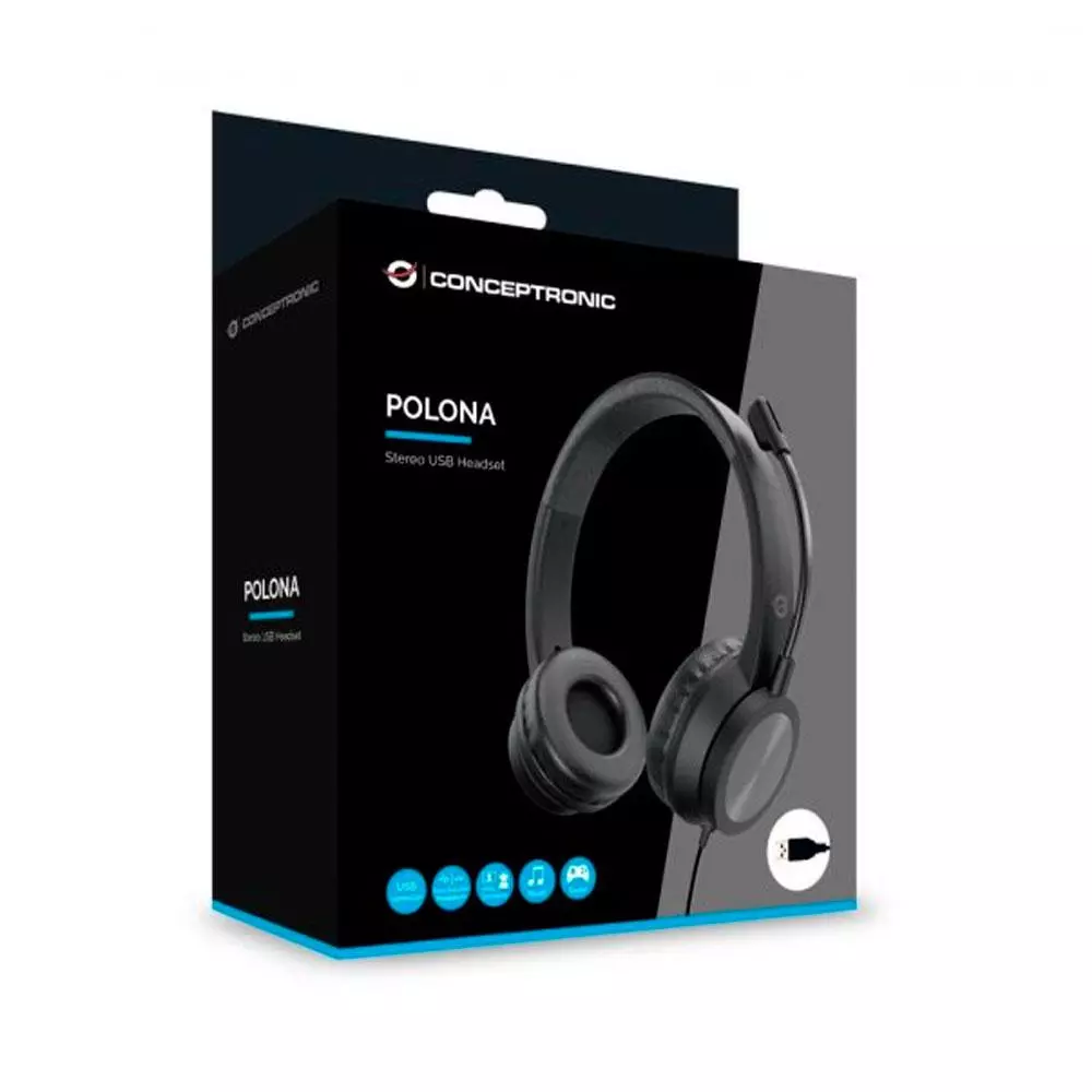 Auriculares con Microfono flexible Conceptronic Polona / Usb / Cancelacion de ruido / Negro / POLONA05B