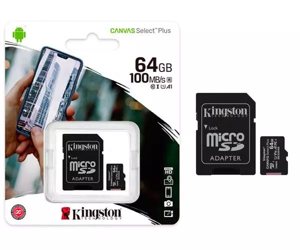 Micro sd hc Kingston uhs-i 64Gb Canvas Select Plus 100mb/s clase 10  con adaptador SDCS2/64GB
