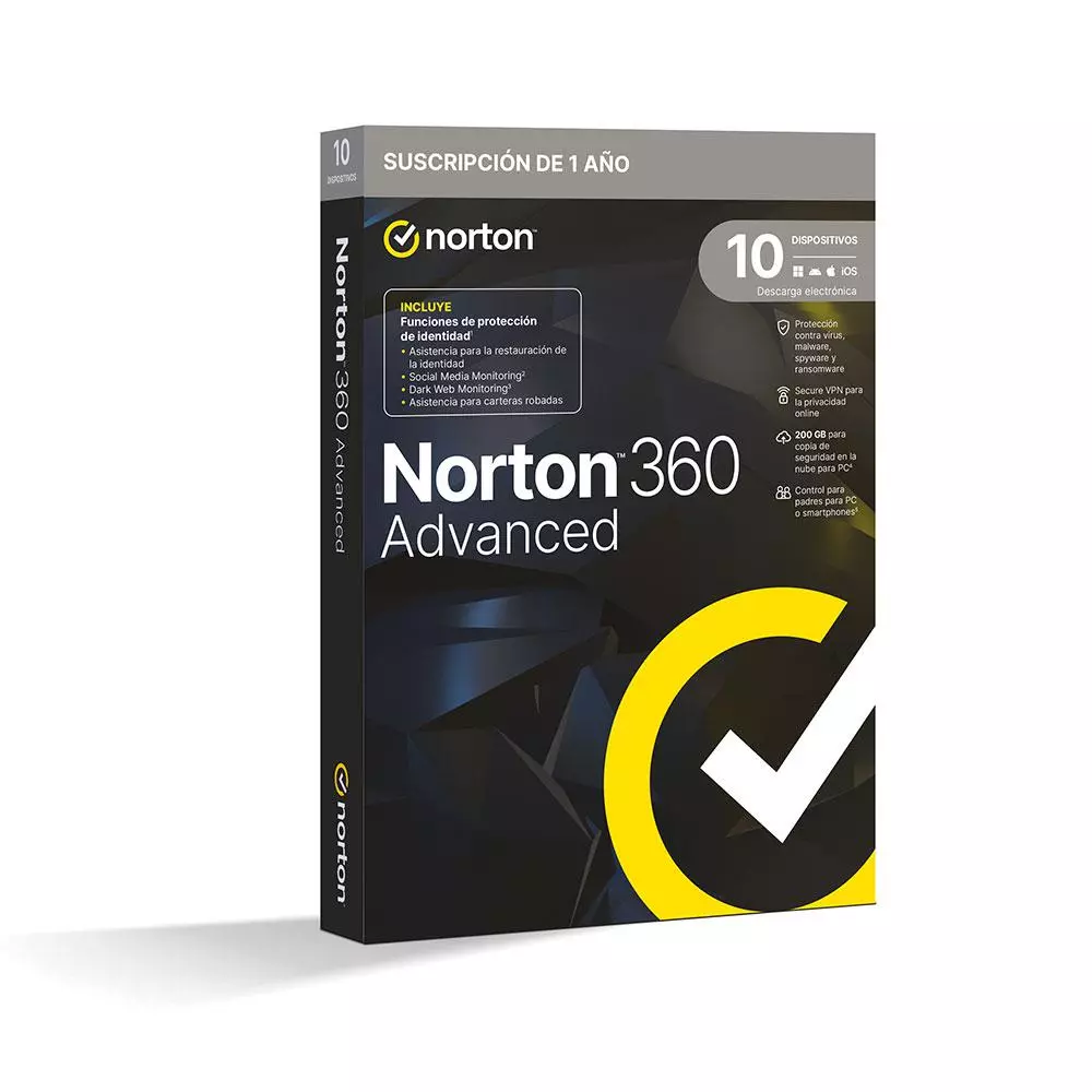 Antivirus Norton 360 Advanced 200Gb / 1 Usuario / 10 Dispositivos / 1 A&ntilde;o / Box / 21468803
