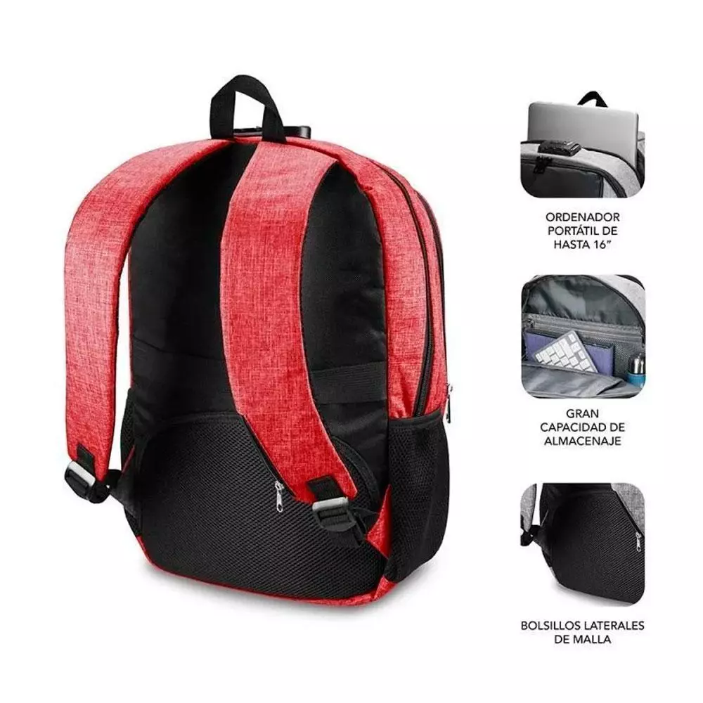 Mochila Subblim Urban Lock System hasta 16" / Rojo / Puerto USB / Antirrobo por combinacion / SUB-BP-1UL0002