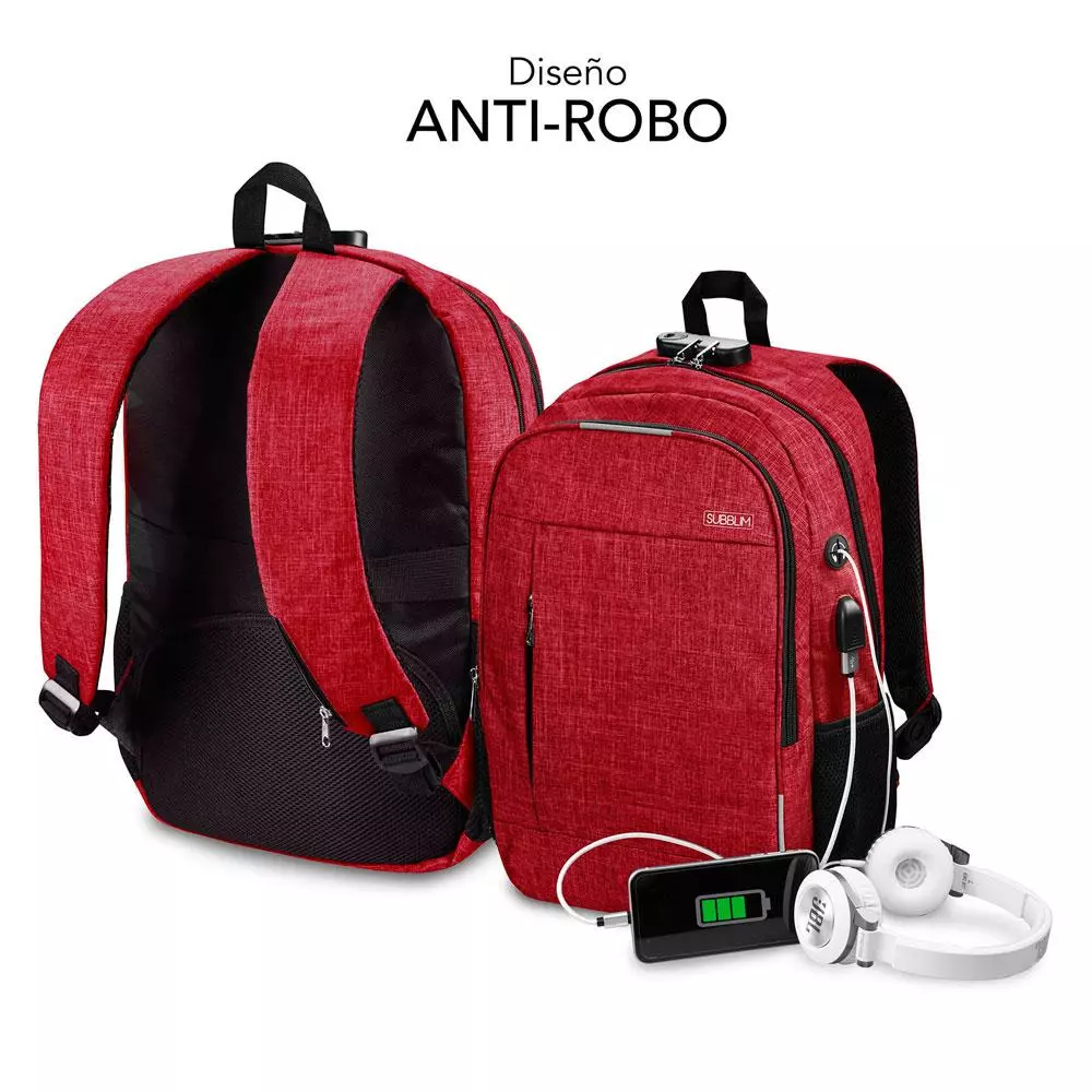 Mochila Subblim Urban Lock System hasta 16" / Rojo / Puerto USB / Antirrobo por combinacion / SUB-BP-1UL0002