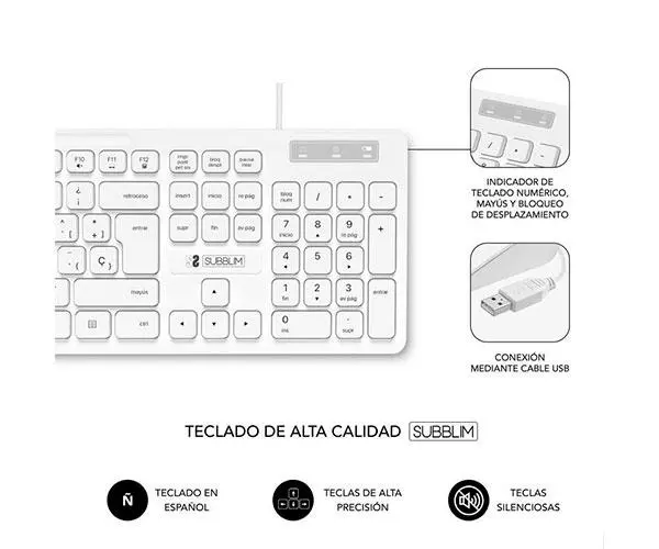 Teclado Usb Subblim Business Slim Silencioso / Blanco / SUBKBC-0SSK51