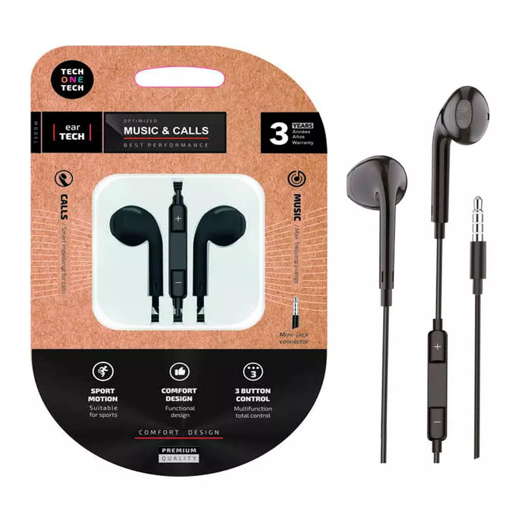 Auriculares Intrauditivos earTECH / Micr&oacute;fono / Jack 3.5 / 1.2m / Sin Silicona / Negros / TEC1002 / Tech One Tech