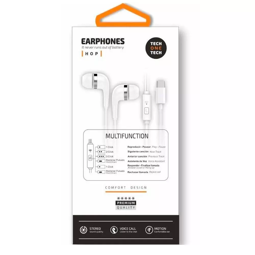Auriculares Intrauditivos earTECH Hop / Micr&oacute;fono / Type-C 1.2m / Blancos / TEC1304 / Tech One Tech