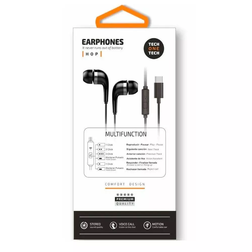 Auriculares Intrauditivos earTECH Hop / Micr&oacute;fono / Type-C 1.2m / Negros / TEC1305 / Tech One Tech