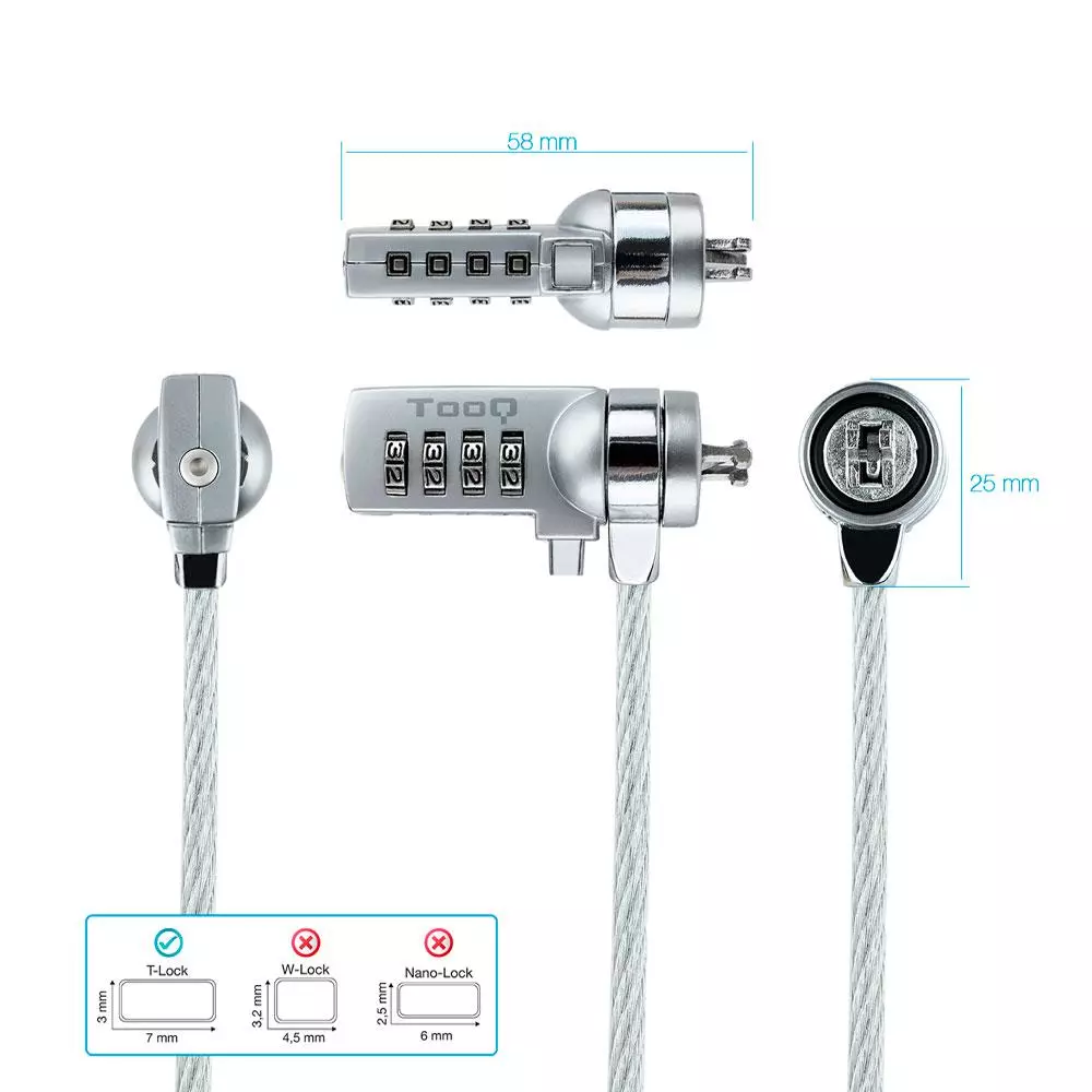 Cable de seguridad para portatil con combinacion / 1.5 m / Gris / Tooq / TQCLKC0015