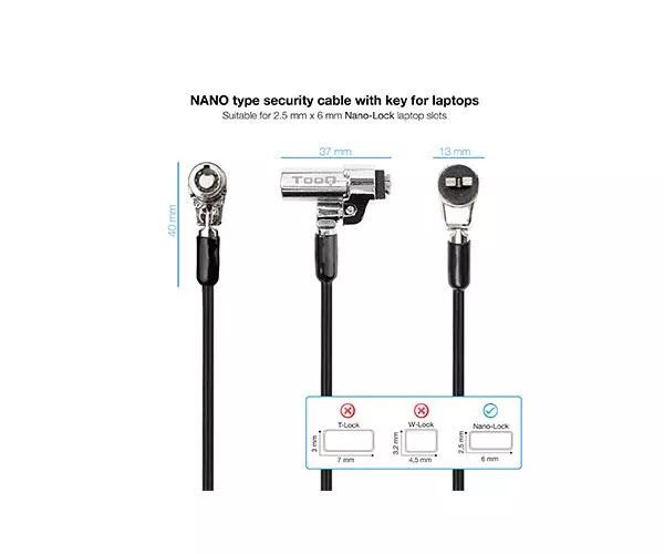 Cable de seguridad Nano para portatil con llave / 1.5 m / Gris Oscuro / Tooq / Bloqueo Llave  TQCLKC0045-G