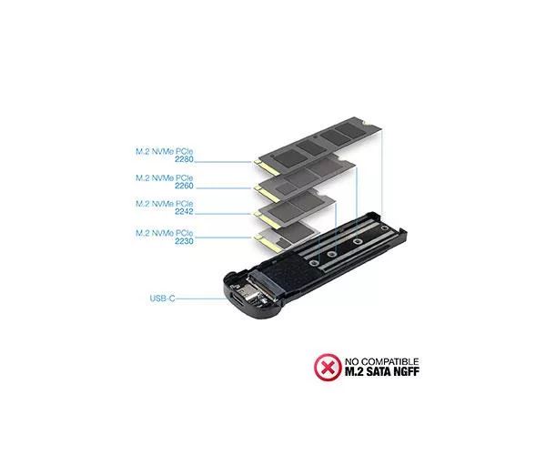Caja externa SSD M.2 NVMe PCIe Type-C 3.1 Gen2 / Tooq / Aluminio / Negra / TQE-2201B