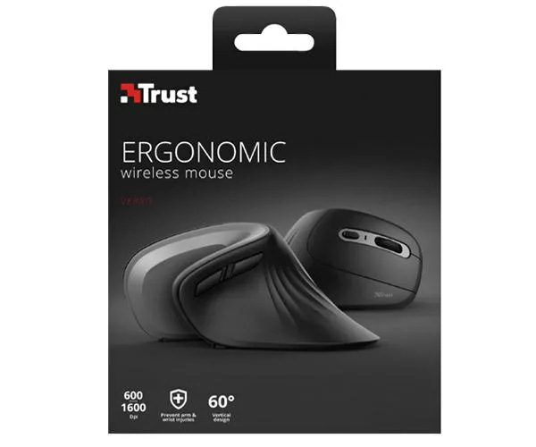 Raton Inalambrico Trust Verro Ergonomico / Angulo 60&ordm; / 1000-1600dpi / Negro
