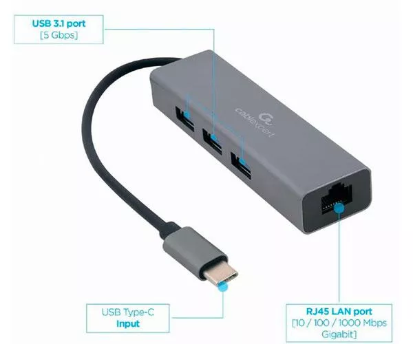Hub Type-C a 3x USB 3.0 / 1x RJ45 Gigabit / 17 cm / A-CMU3-LAN-01