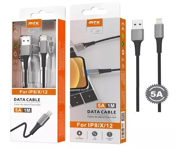 Cable datos USB 2.0 a Lightning iPhone 8-14 / 1m / 5a / Carga rapida / TB1281 / Gris / One+