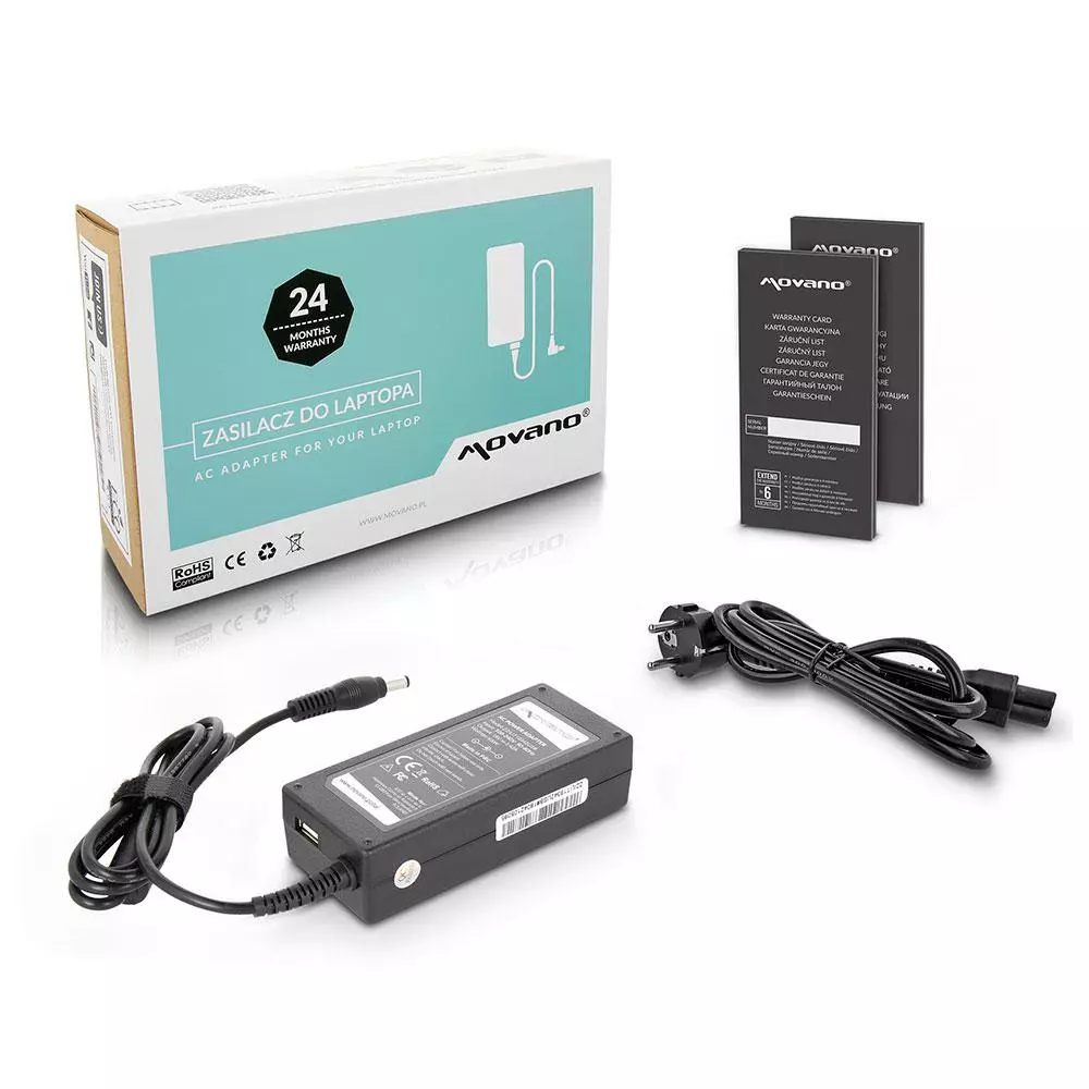 Cargador compatible para port&aacute;til ASUS / MSI / TOSHIBA / LENOVO / MEDION 65W 19V 3.42A 5.5x2.5 mm Puerto USB Movano