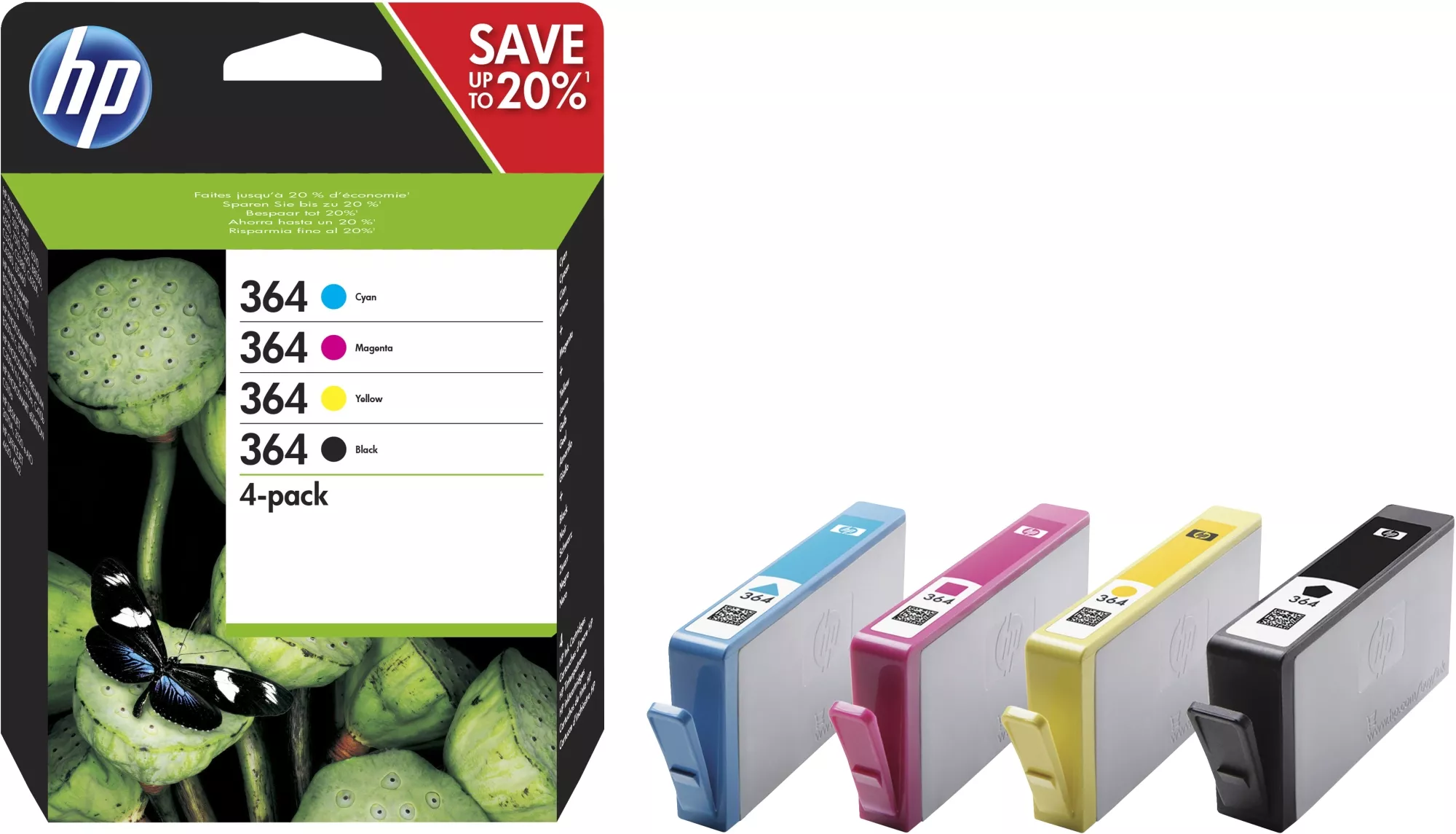 &divide; Pack 4 colores tintas originales hp n364 negro,cian,magenta y amarillo n9j73ae